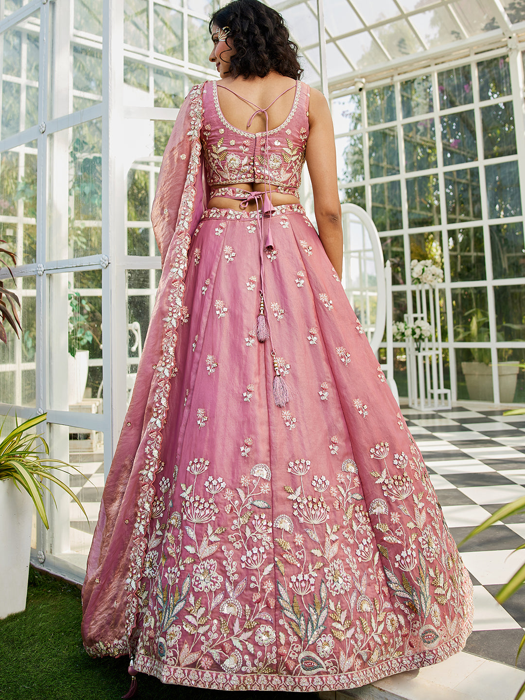 Pink colour Tissue Fabric with Sequinse & Thread embroidery  Lehenga choli & Dupatta