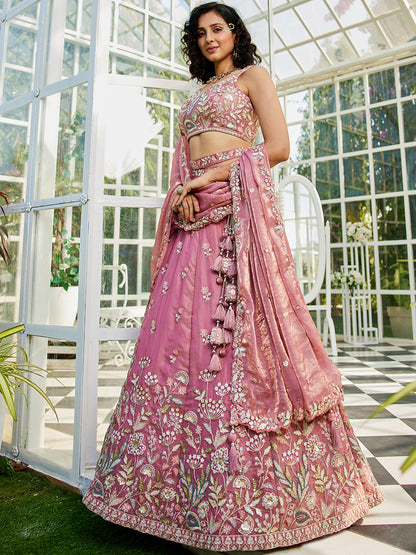 Pink colour Tissue Fabric with Sequinse & Thread embroidery  Lehenga choli & Dupatta
