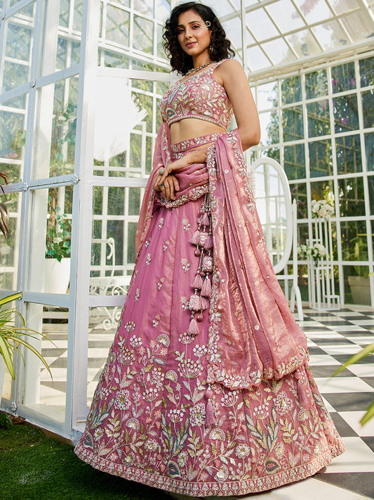 Pink colour Tissue Fabric with Sequinse & Thread embroidery  Lehenga choli & Dupatta