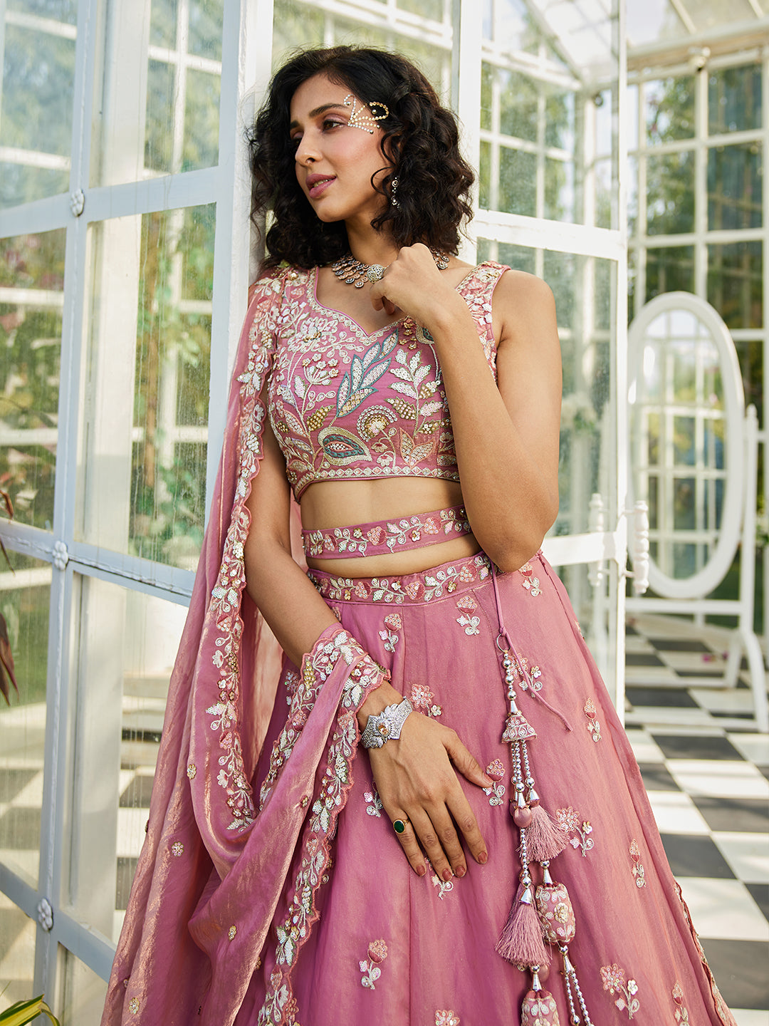 Pink colour Tissue Fabric with Sequinse & Thread embroidery  Lehenga choli & Dupatta