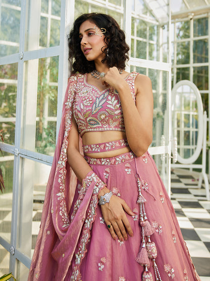 Pink colour Tissue Fabric with Sequinse & Thread embroidery  Lehenga choli & Dupatta