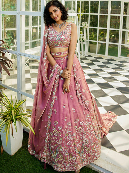 Pink colour Tissue Fabric with Sequinse & Thread embroidery  Lehenga choli & Dupatta