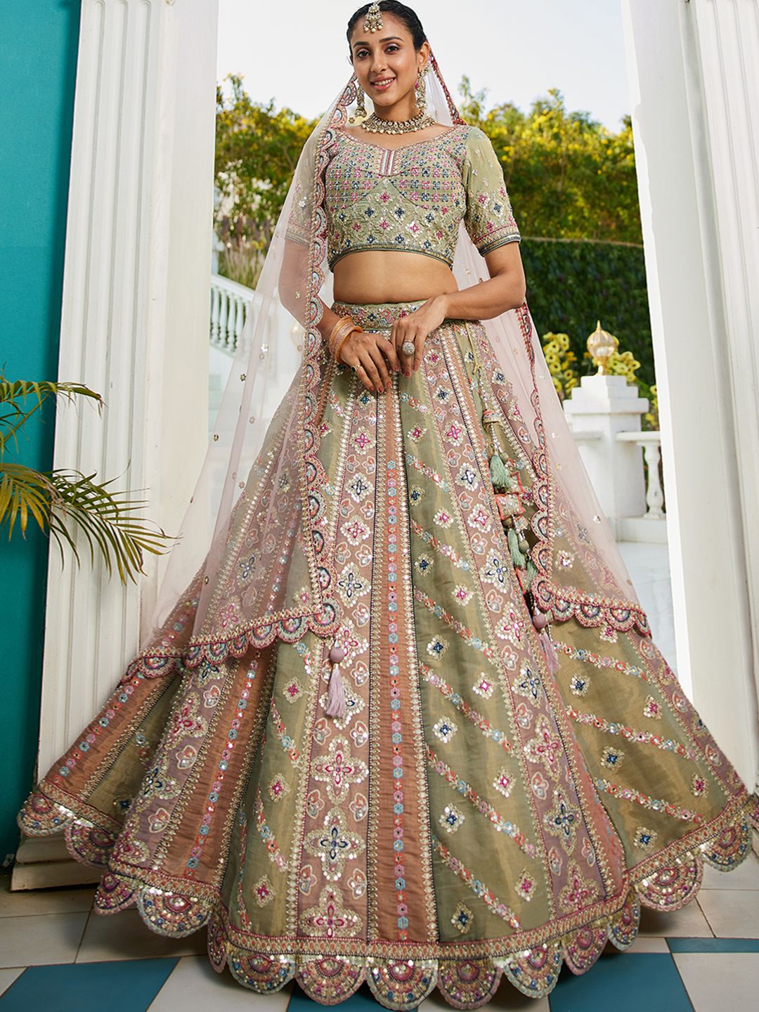 Multi colour Bridel net and Gotapatti & Moti embroidery  Lehenga choli & Dupatta