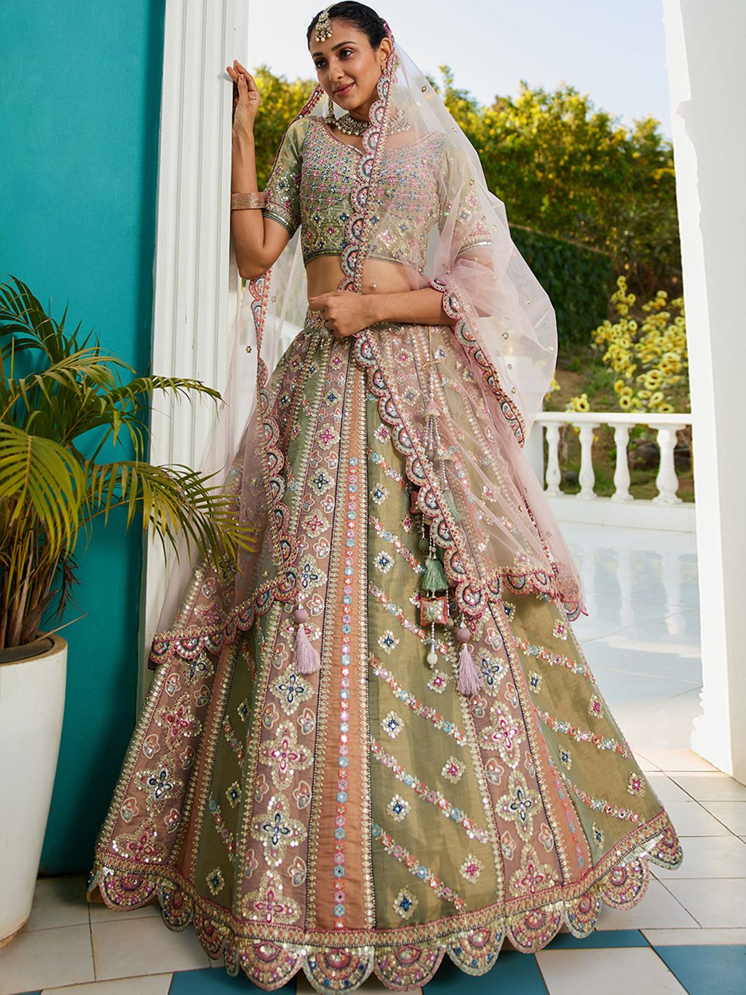 Multi colour Bridel net and Gotapatti & Moti embroidery  Lehenga choli & Dupatta