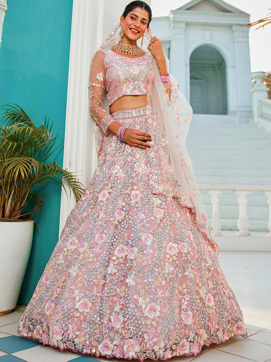 Grey net with Sequinse & Zarkan embroidery  Lehenga choli & Dupatta