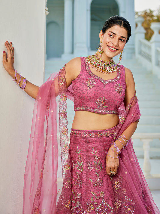 Pink net with Coding & Zarkan embroidery  Lehenga choli & Dupatta