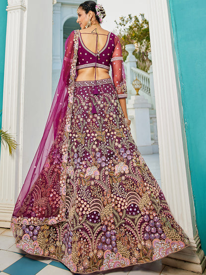 Burgundy net with Coding & Zarkan embroidery  Lehenga choli & Dupatta