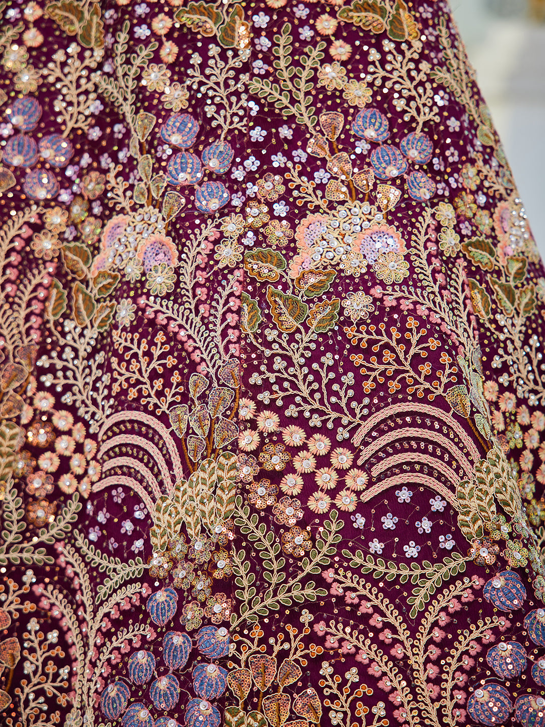 Burgundy net with Coding & Zarkan embroidery  Lehenga choli & Dupatta
