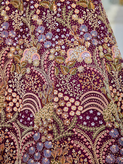Burgundy net with Coding & Zarkan embroidery  Lehenga choli & Dupatta