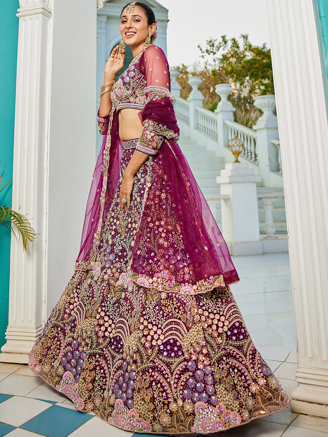 Burgundy net with Coding & Zarkan embroidery  Lehenga choli & Dupatta