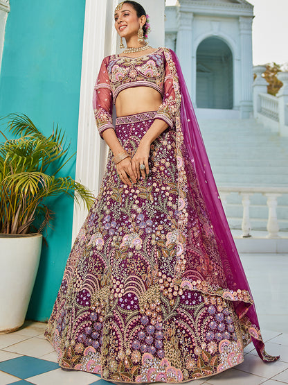 Burgundy net with Coding & Zarkan embroidery  Lehenga choli & Dupatta