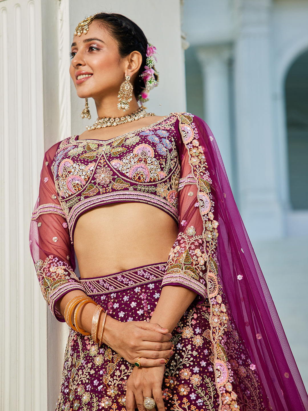 Burgundy net with Coding & Zarkan embroidery  Lehenga choli & Dupatta