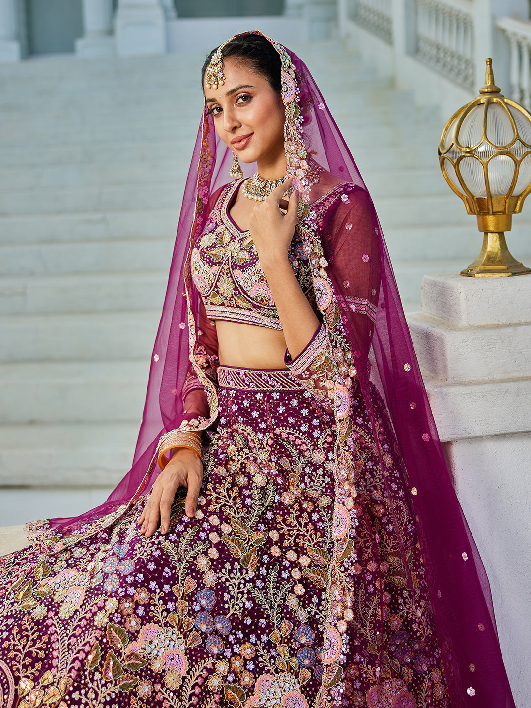 Burgundy net with Coding & Zarkan embroidery  Lehenga choli & Dupatta