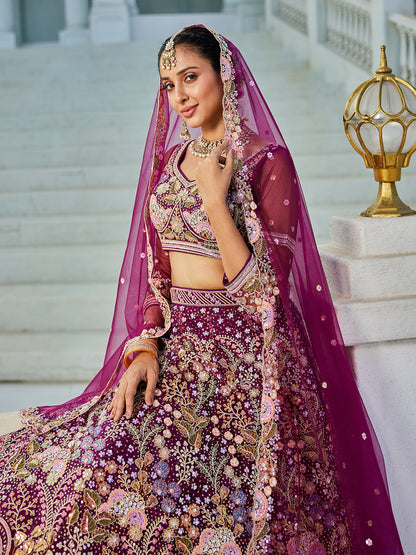 Burgundy net with Coding & Zarkan embroidery  Lehenga choli & Dupatta