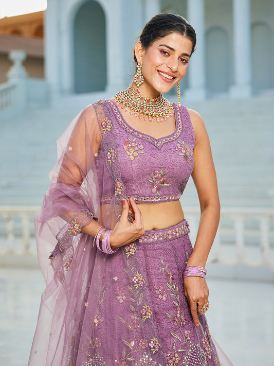 Purple net with Coding & Zarkan embroidery  Lehenga choli & Dupatta