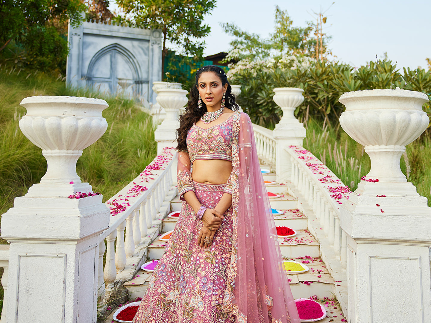 Pink net with Coding & Zarkan embroidery  Lehenga choli & Dupatta