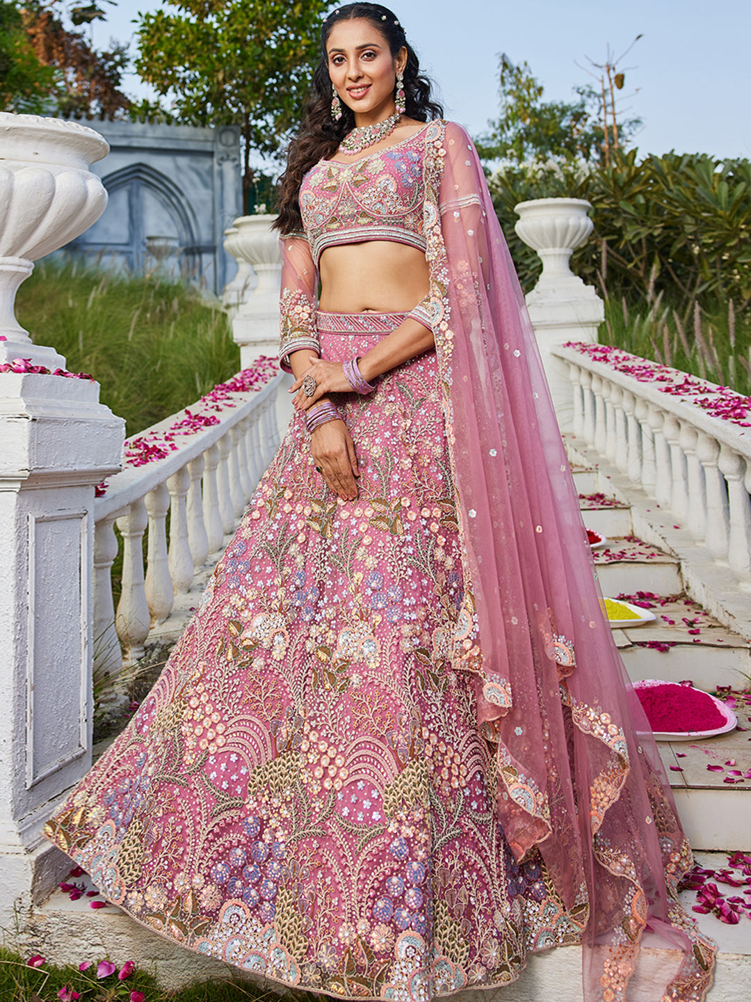 Pink net with Coding & Zarkan embroidery  Lehenga choli & Dupatta