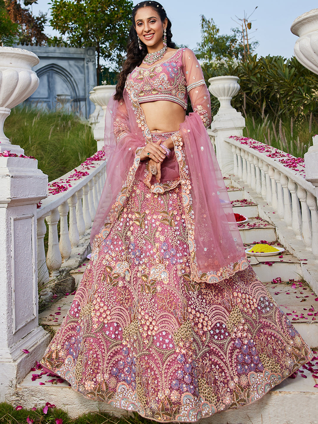 Pink net with Coding & Zarkan embroidery  Lehenga choli & Dupatta