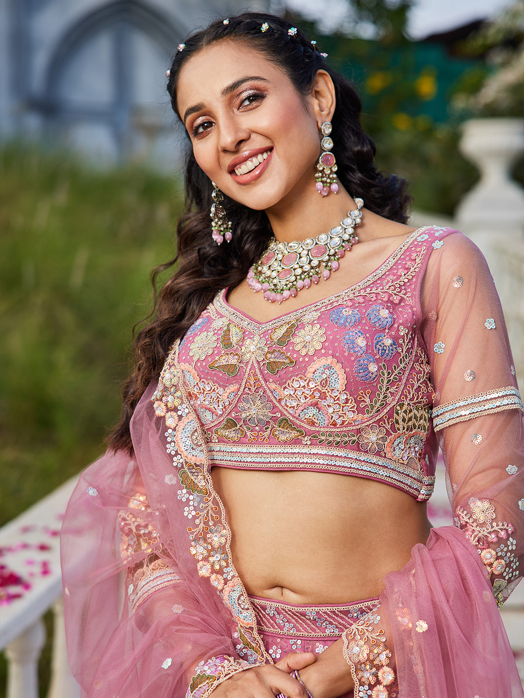 Pink net with Coding & Zarkan embroidery  Lehenga choli & Dupatta