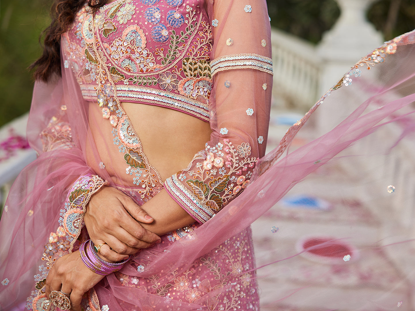 Pink net with Coding & Zarkan embroidery  Lehenga choli & Dupatta