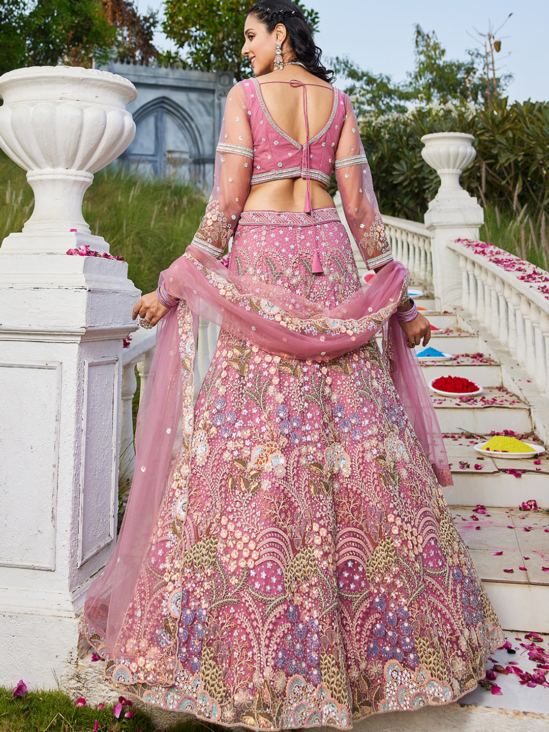 Pink net with Coding & Zarkan embroidery  Lehenga choli & Dupatta