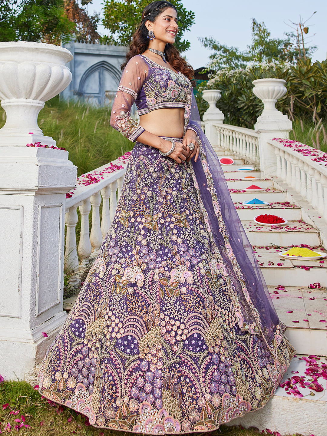Purple net with Coding & Zarkan embroidery  Lehenga choli & Dupatta