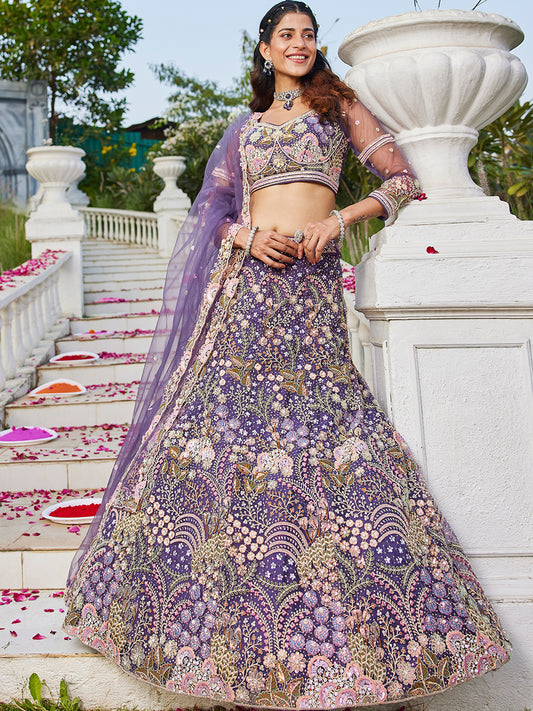 Purple net with Coding & Zarkan embroidery  Lehenga choli & Dupatta