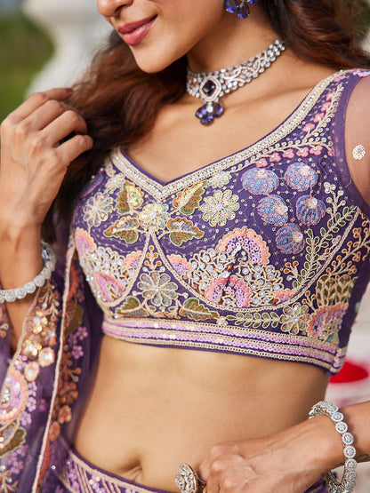 Purple net with Coding & Zarkan embroidery  Lehenga choli & Dupatta