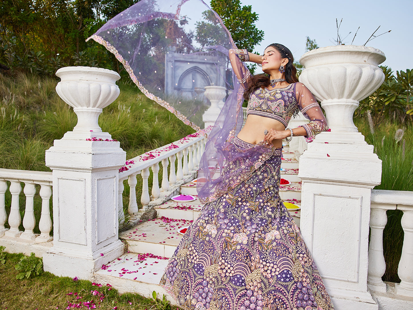 Purple net with Coding & Zarkan embroidery  Lehenga choli & Dupatta
