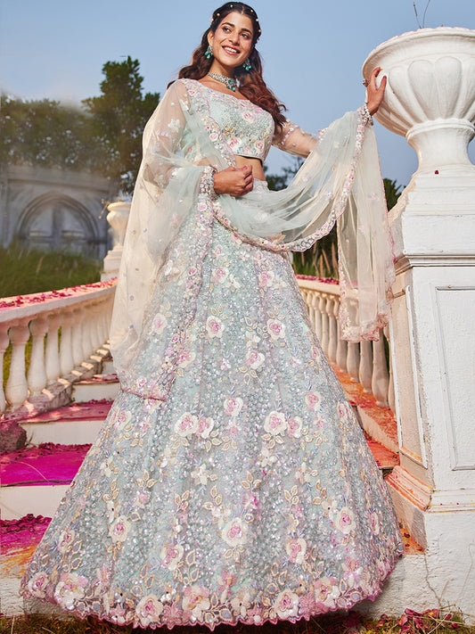 Sea Green net with Sequinse & Zarkan embroidery  Lehenga choli & Dupatta
