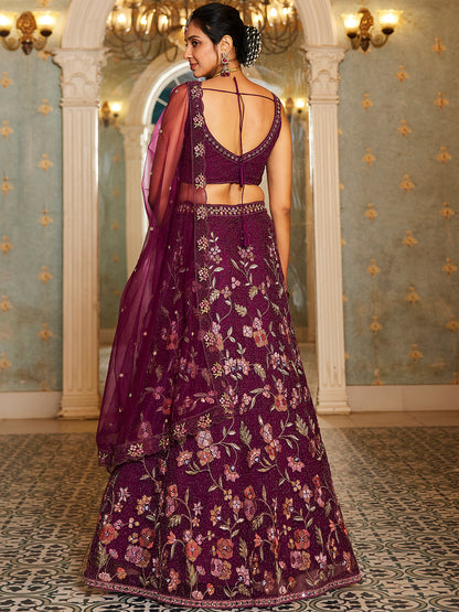 Burgundy net with Coding & Zarkan embroidery  Lehenga choli & Dupatta