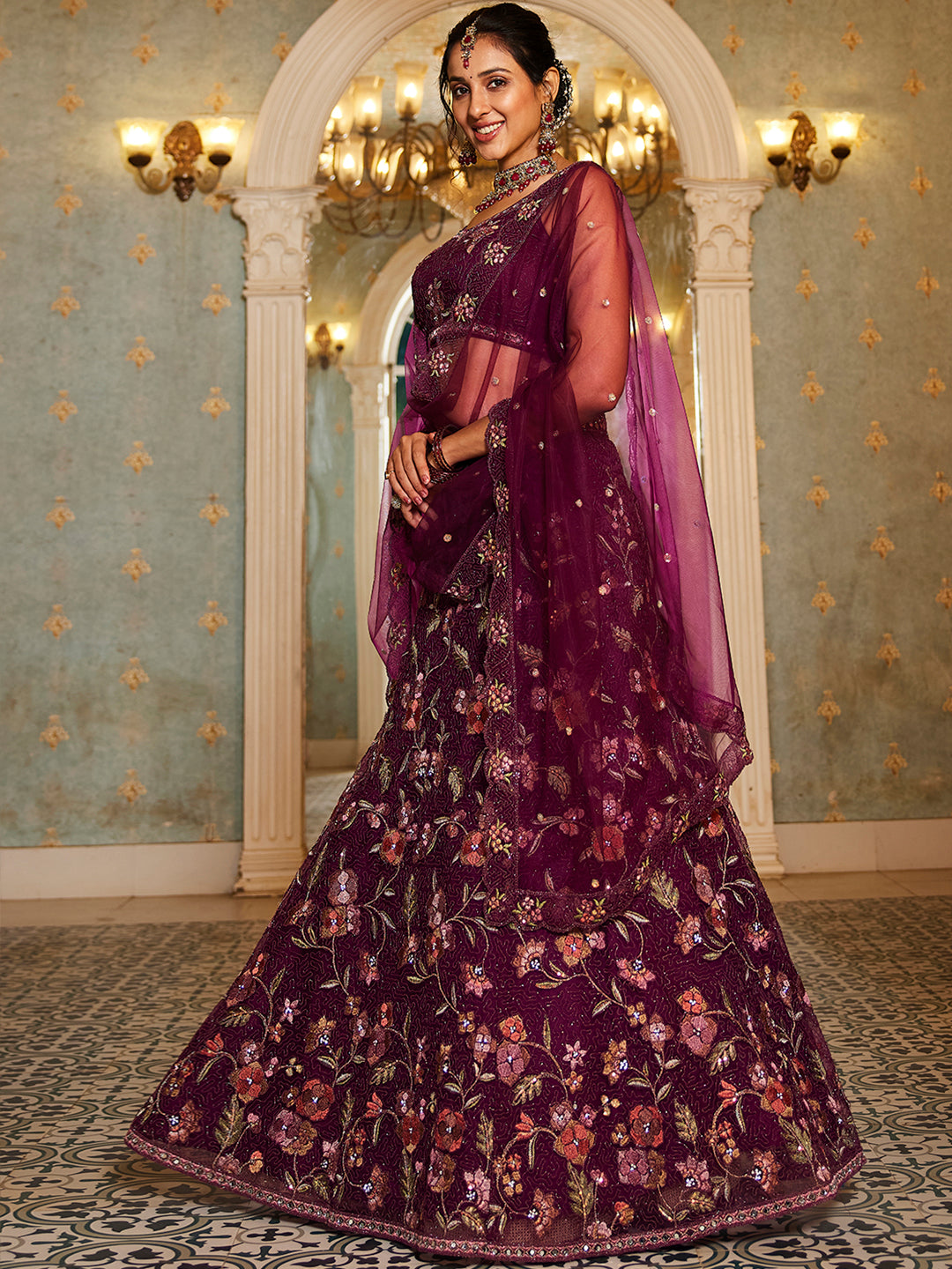 Burgundy net with Coding & Zarkan embroidery  Lehenga choli & Dupatta