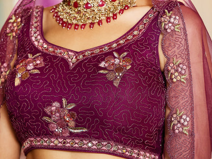 Burgundy net with Coding & Zarkan embroidery  Lehenga choli & Dupatta