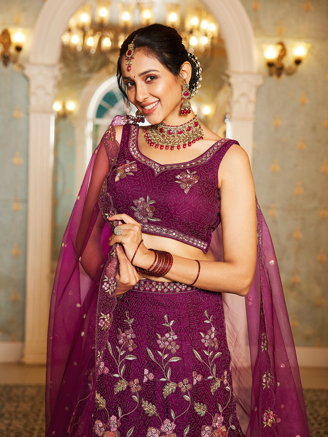 Burgundy net with Coding & Zarkan embroidery  Lehenga choli & Dupatta