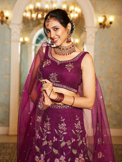 Burgundy net with Coding & Zarkan embroidery  Lehenga choli & Dupatta