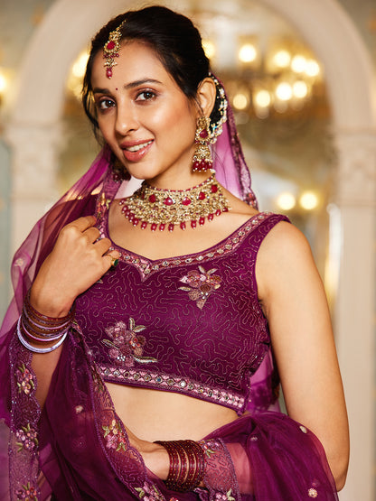 Burgundy net with Coding & Zarkan embroidery  Lehenga choli & Dupatta