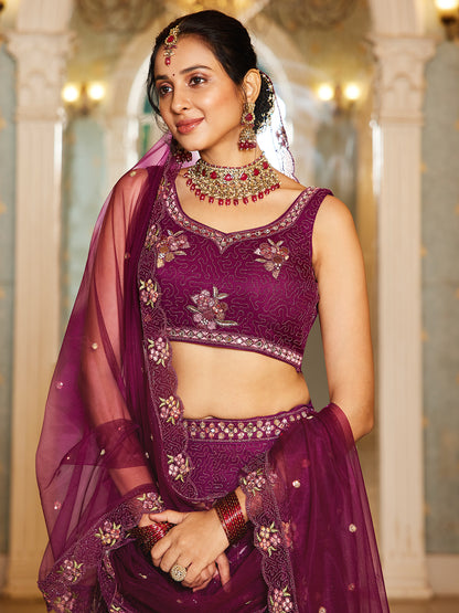 Burgundy net with Coding & Zarkan embroidery  Lehenga choli & Dupatta