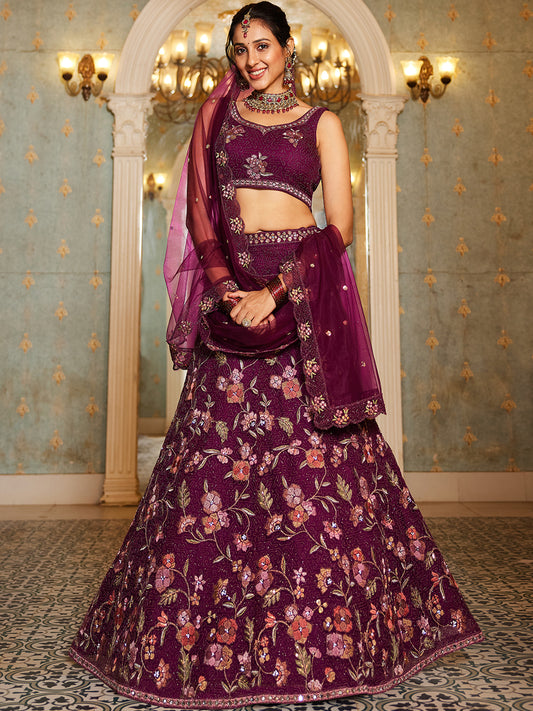Burgundy net with Coding & Zarkan embroidery  Lehenga choli & Dupatta
