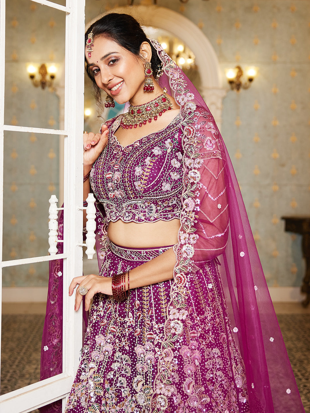 Burgundy net and Coding & Zarkan embroidery  Lehenga choli & Dupatta
