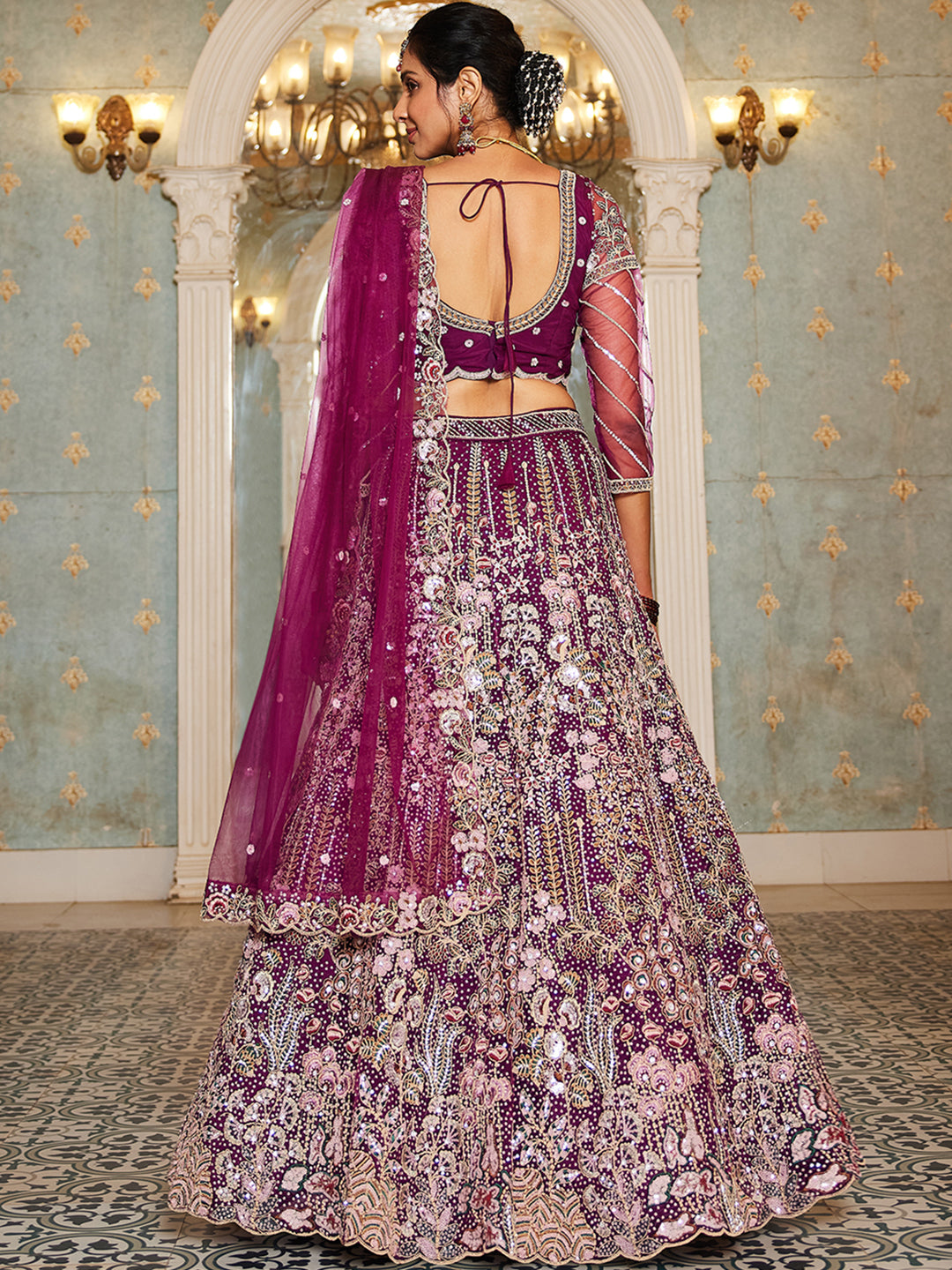 Burgundy net and Coding & Zarkan embroidery  Lehenga choli & Dupatta