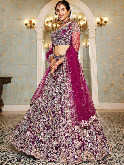 Burgundy net and Coding & Zarkan embroidery  Lehenga choli & Dupatta