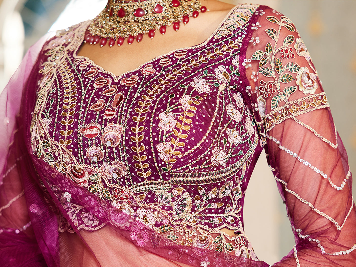 Burgundy net and Coding & Zarkan embroidery  Lehenga choli & Dupatta