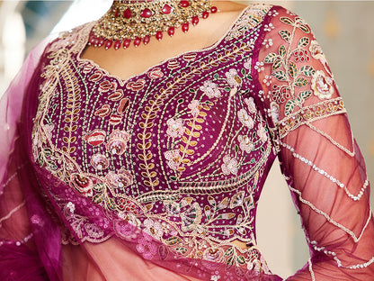 Burgundy net and Coding & Zarkan embroidery  Lehenga choli & Dupatta