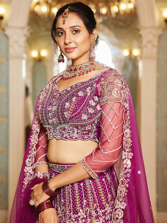 Burgundy net and Coding & Zarkan embroidery  Lehenga choli & Dupatta