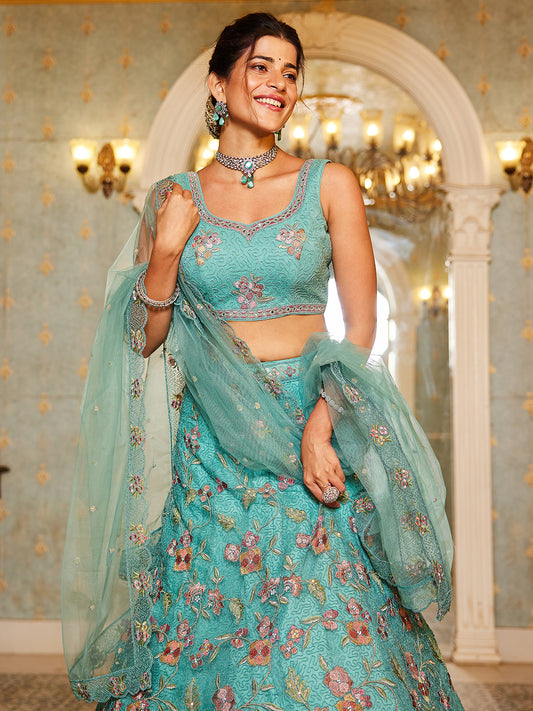 Lime Green net with Coding & Zarkan embroidery  Lehenga choli & Dupatta