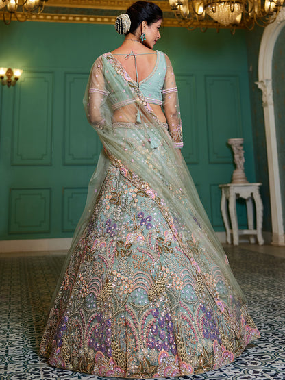 Lime Green net with Coding & Zarkan embroidery  Lehenga choli & Dupatta