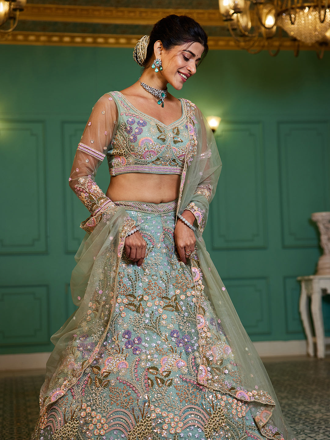 Lime Green net with Coding & Zarkan embroidery  Lehenga choli & Dupatta