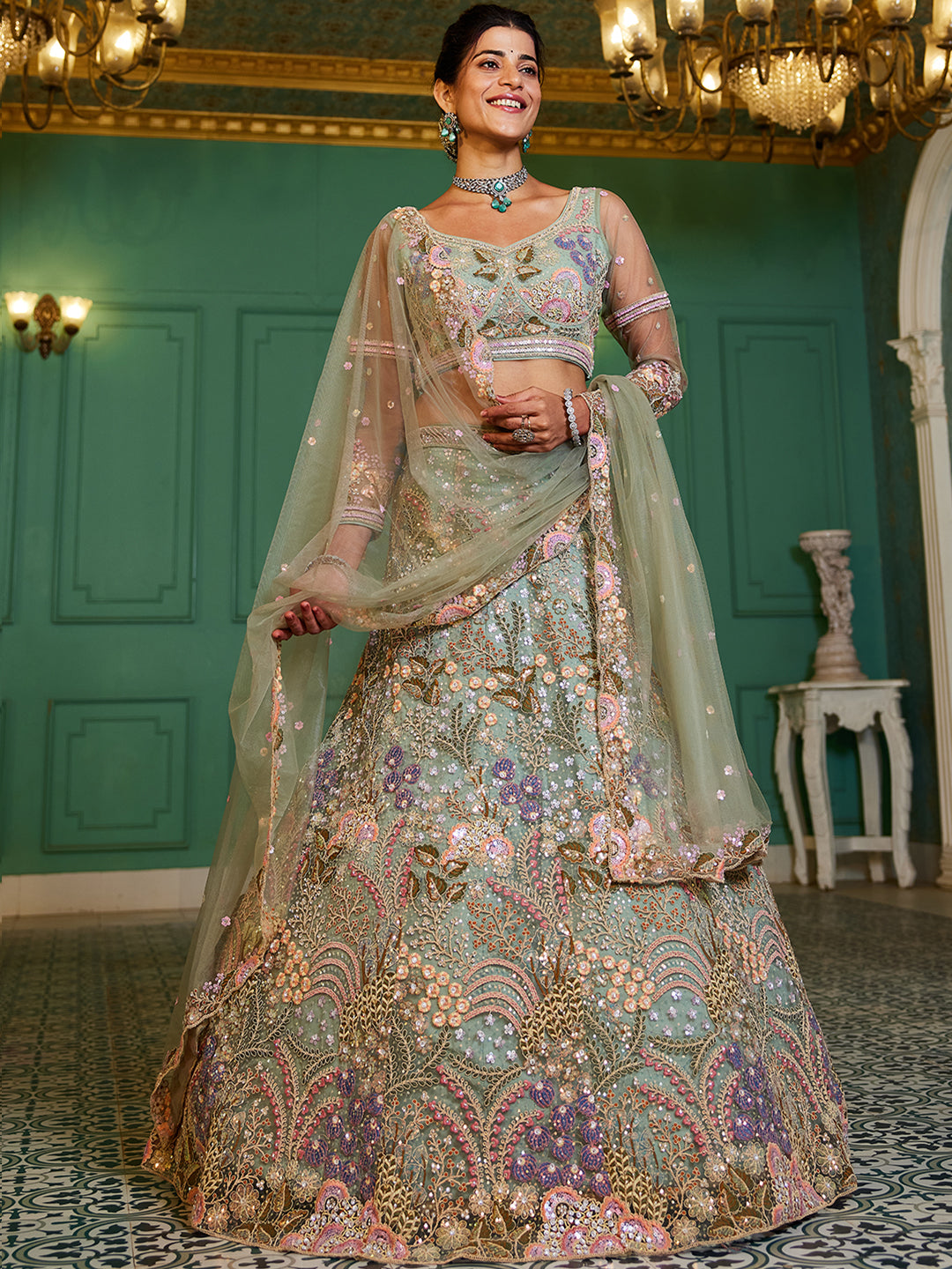 Lime Green net with Coding & Zarkan embroidery  Lehenga choli & Dupatta