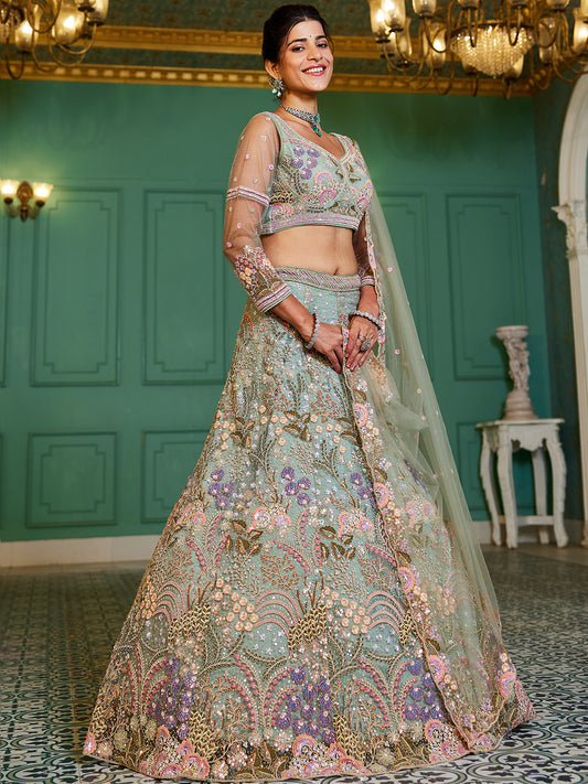 Lime Green net with Coding & Zarkan embroidery  Lehenga choli & Dupatta
