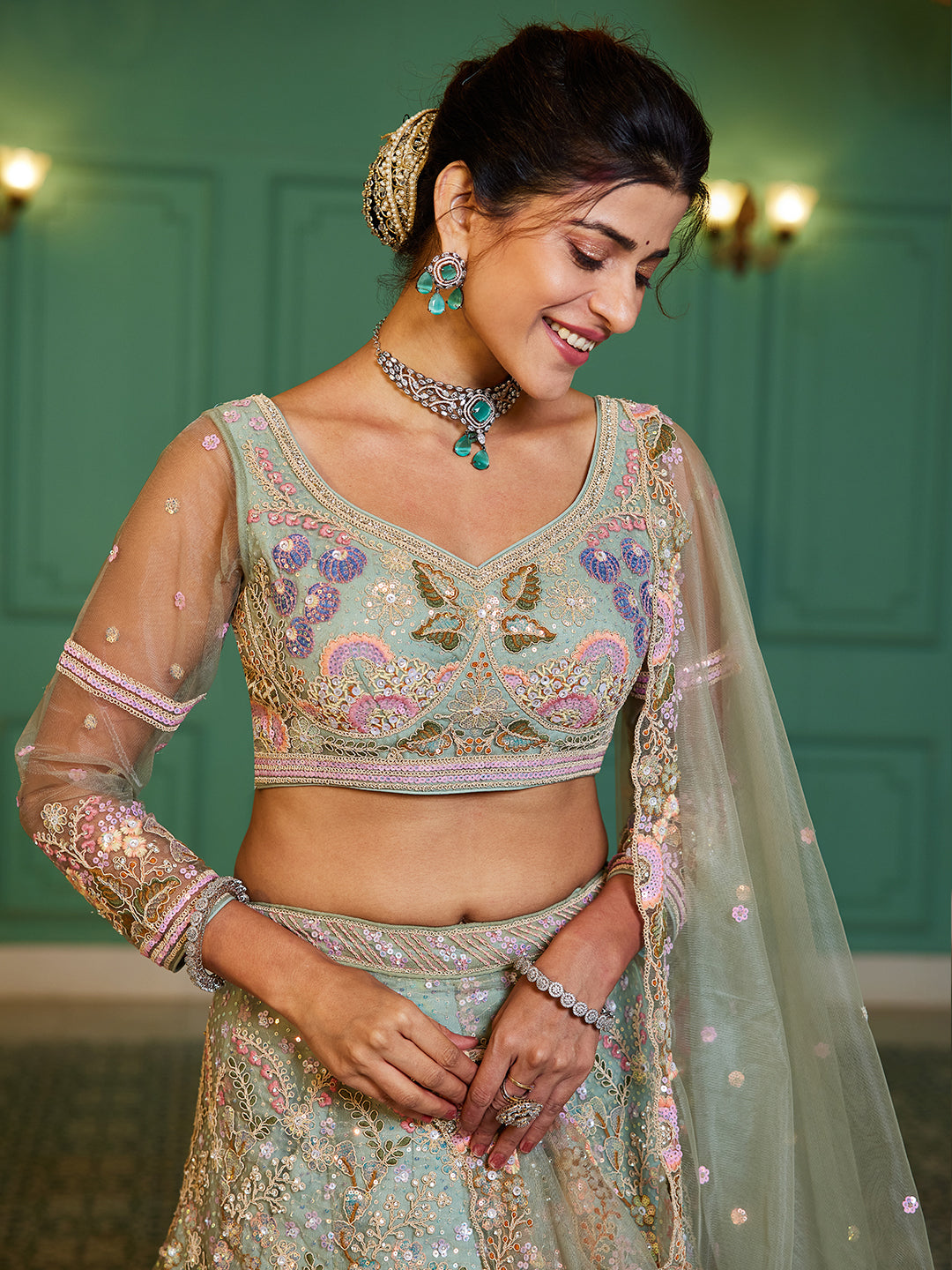 Lime Green net with Coding & Zarkan embroidery  Lehenga choli & Dupatta
